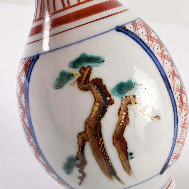 九谷焼　松本佐吉作　色絵松竹梅文　花瓶　共箱　Z　8576