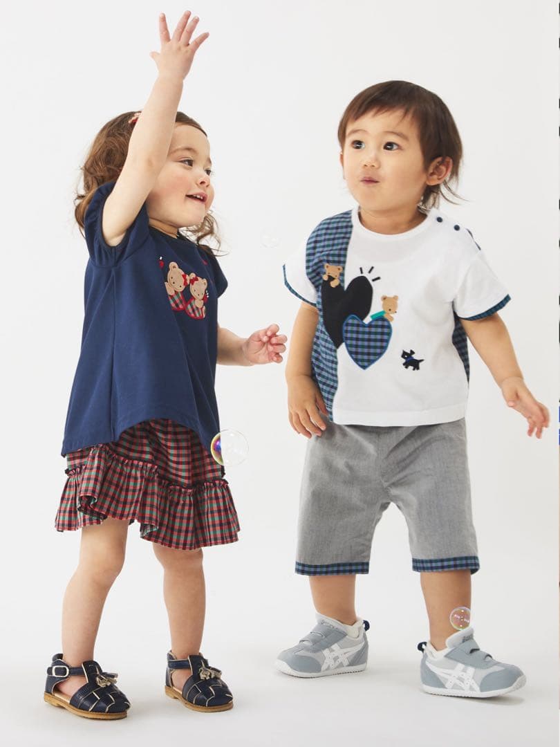 ファミリアfamilia チェック✖️ホワイト切り替えハートモチーフTシャツ