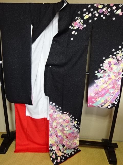正絹　振り袖　単品　黒地にボカシ