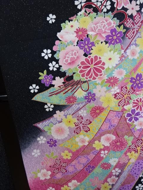 正絹　振り袖　単品　黒地にボカシ