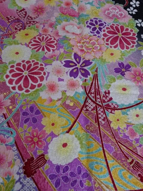 正絹　振り袖　単品　黒地にボカシ