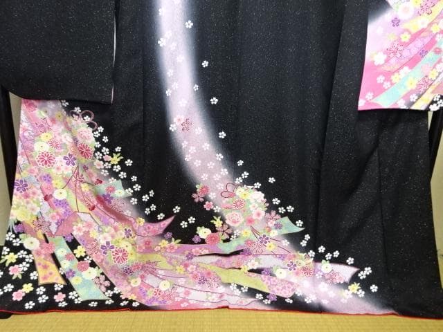 正絹　振り袖　単品　黒地にボカシ