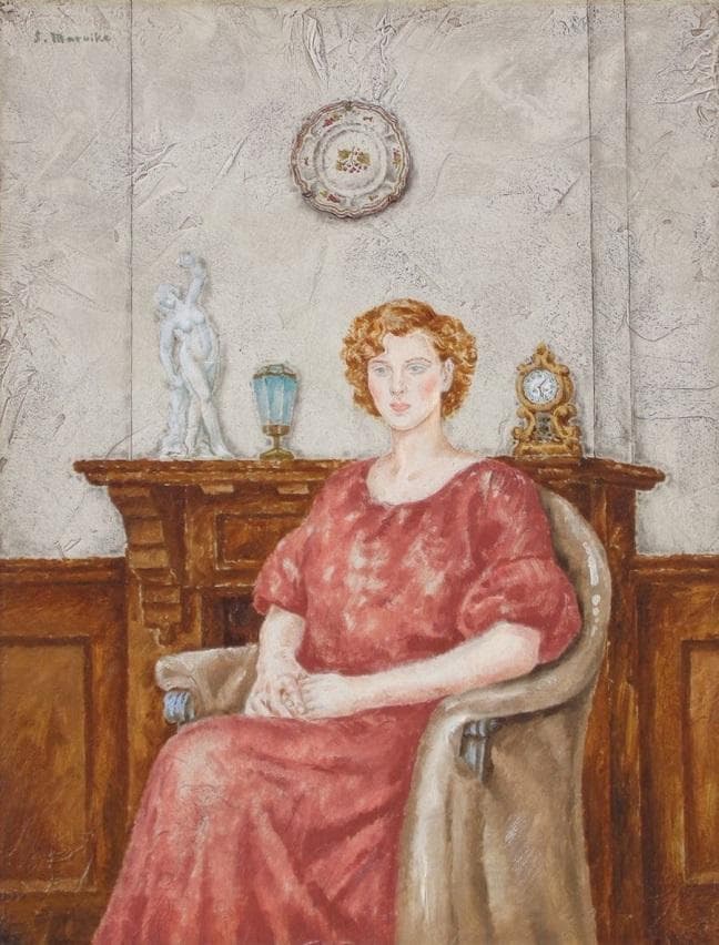 円池茂『赤衣の婦人』6号 シェル美術賞展三席入賞 フランス ル・サロン入選