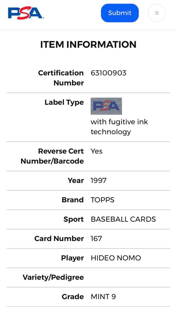 世界で1枚 PSA 9 野茂英雄 1997 TOPPS トレカ ドジャース 大谷