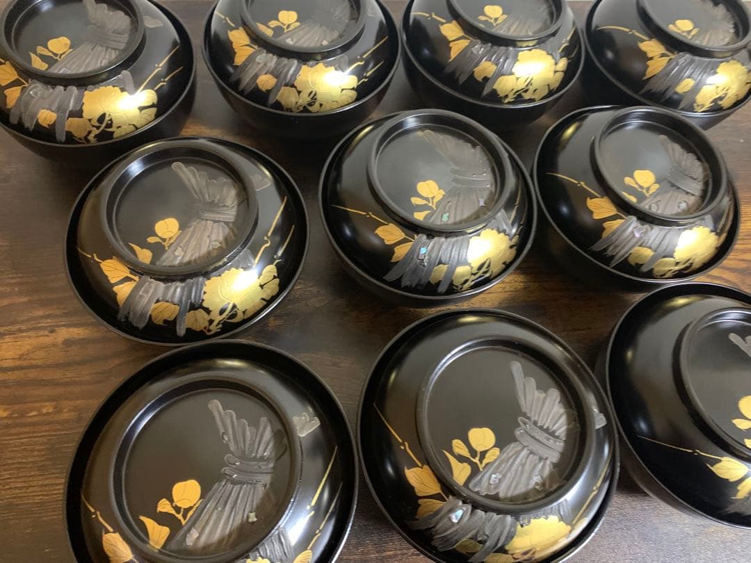 沈金蒔絵　木製漆塗吸物椀10客　時代物　お椀　汁椀　貝細工　芍薬　結び切り