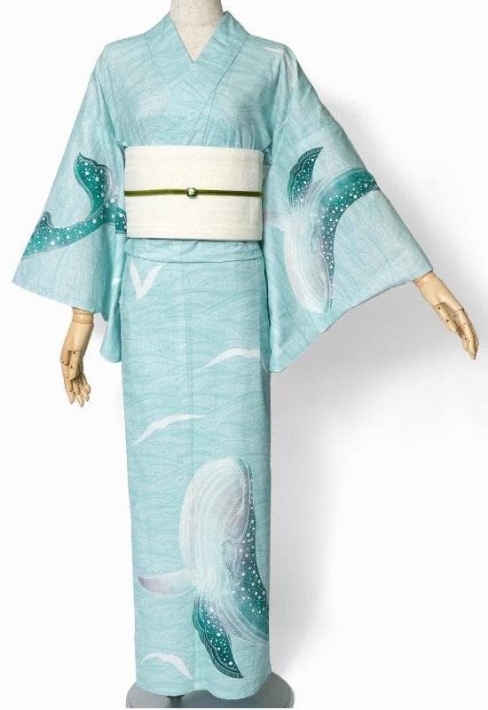 ★ミントグリーン地にクジラと波柄★めずらしい絵羽浴衣★夏きもの大人の浴衣