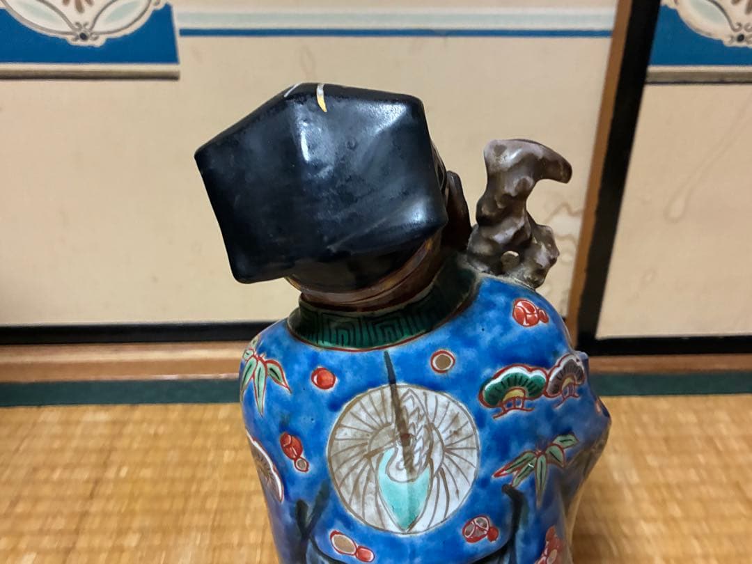 九谷焼 古九谷 金彩 色絵 寿老人 木箱付 33.0㎝！