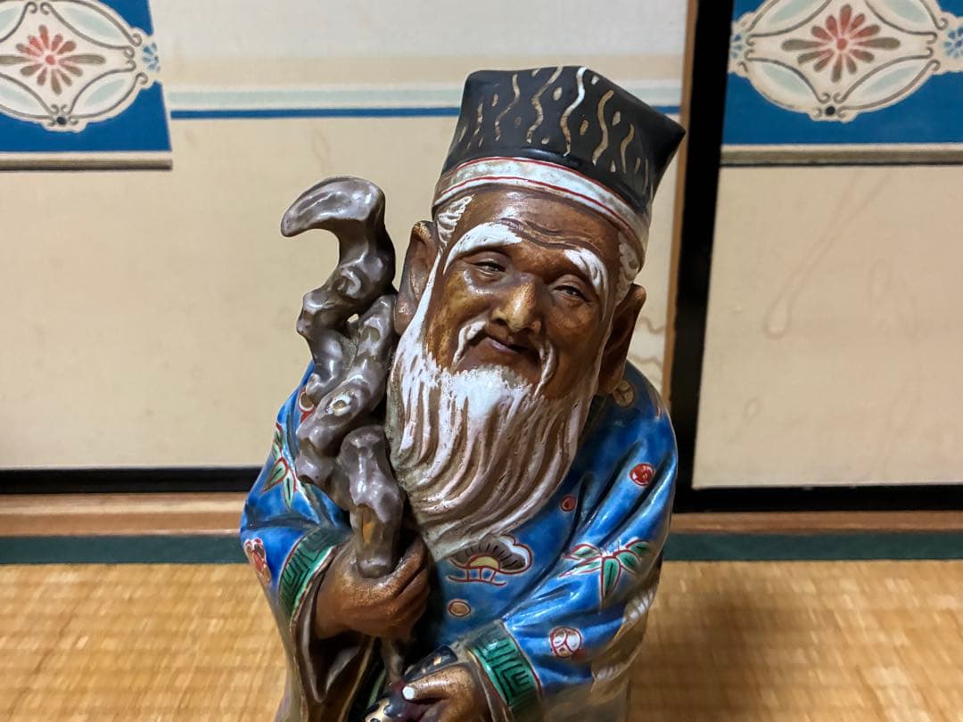 九谷焼 古九谷 金彩 色絵 寿老人 木箱付 33.0㎝！