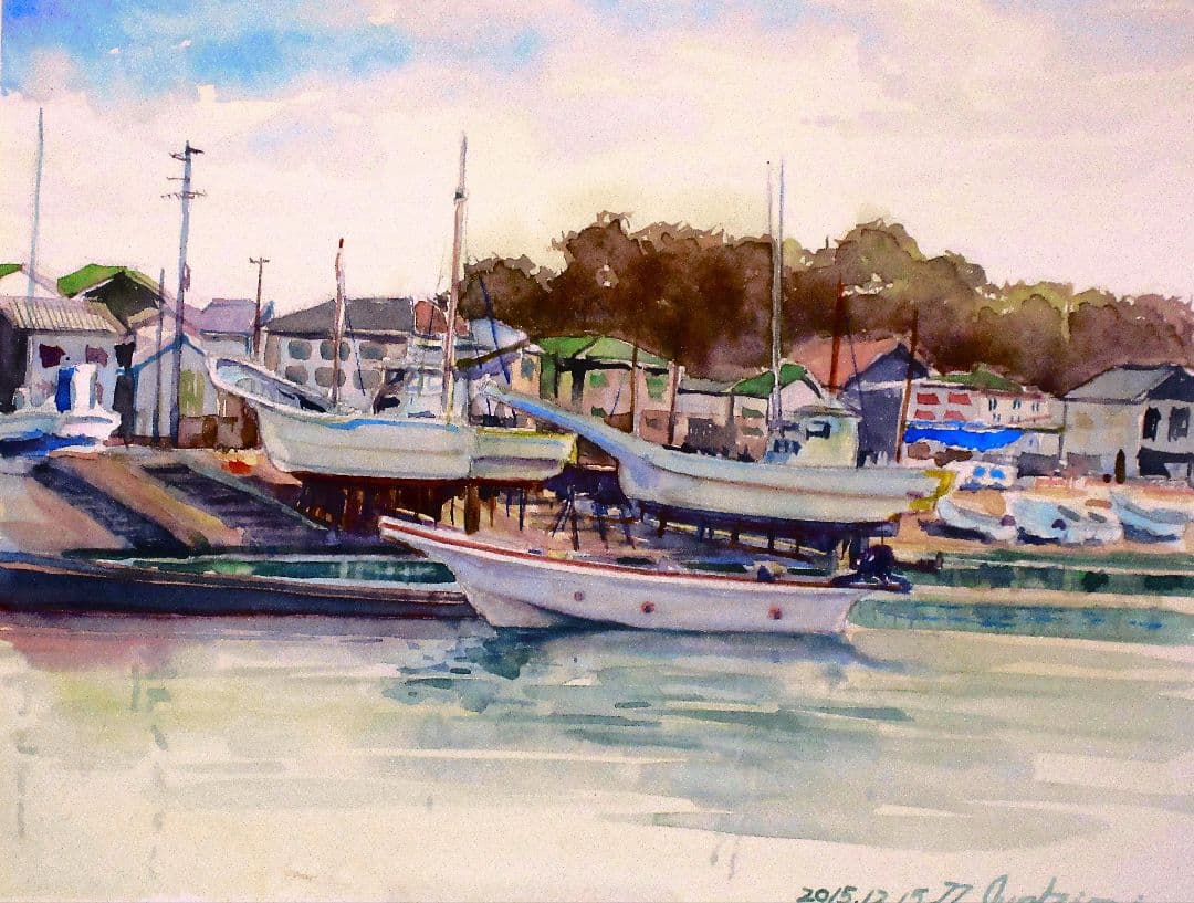 水彩画 小さな漁港 額装済み