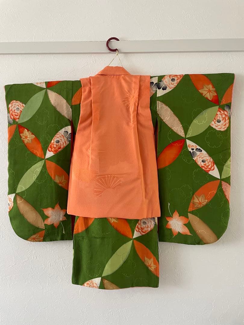 七五三　3歳　アンティークお着物セット　正絹　被布　髪飾り付き