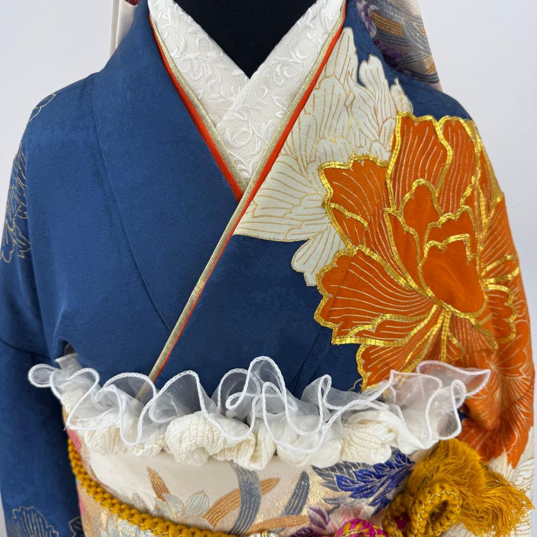 振袖フルセット　青系　成人式　結婚式　お祝い　金駒刺繍　豪華
