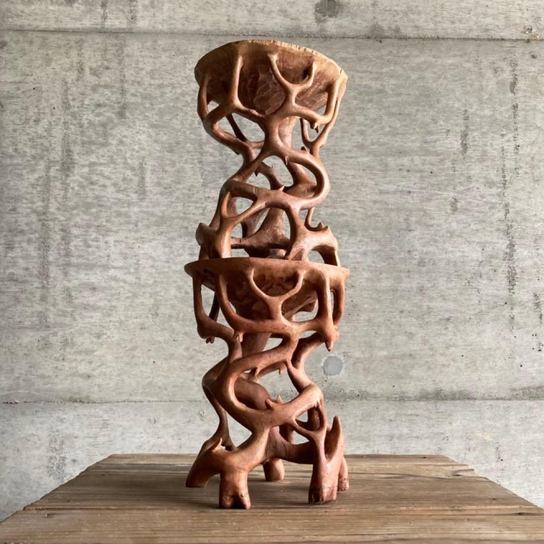 根卓 花台 香炉台 置物台 飾り台 盆栽 台座 オブジェ 木製 2点 レトロ