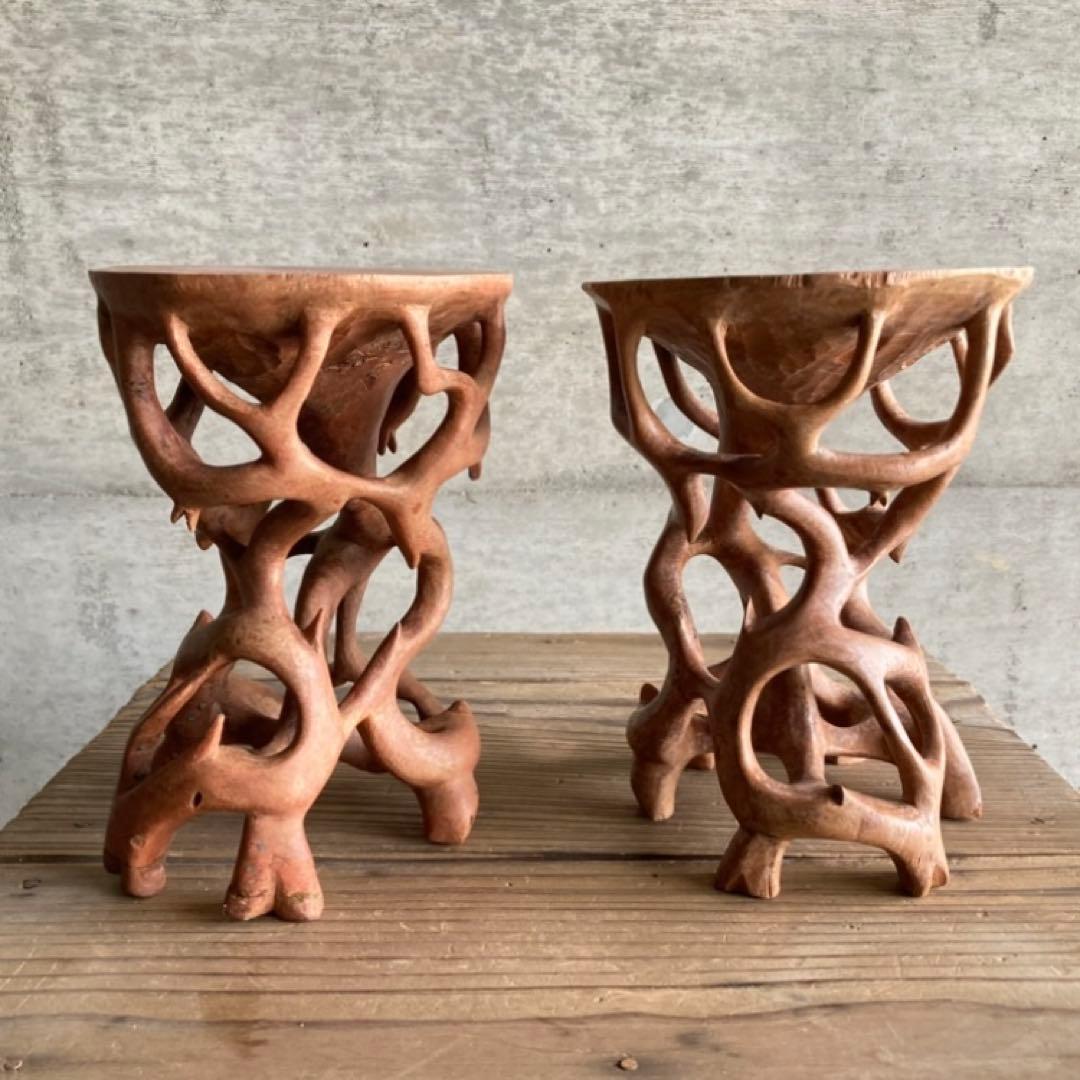 根卓 花台 香炉台 置物台 飾り台 盆栽 台座 オブジェ 木製 2点 レトロ