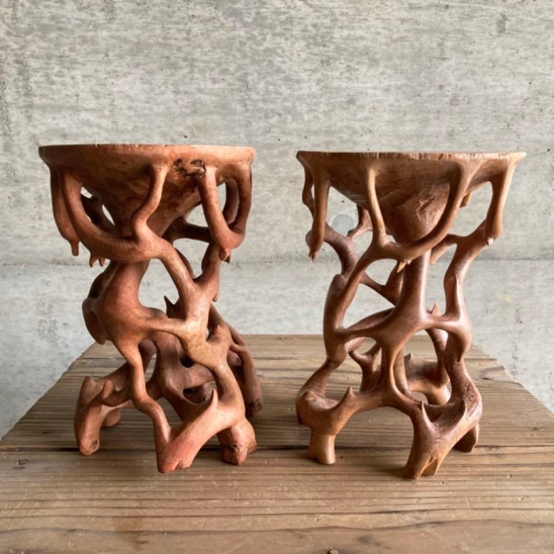 根卓 花台 香炉台 置物台 飾り台 盆栽 台座 オブジェ 木製 2点 レトロ