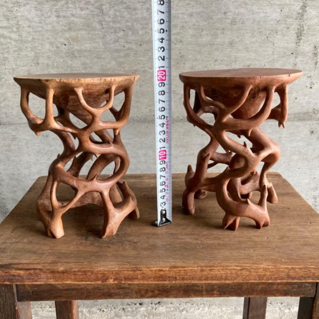 根卓 花台 香炉台 置物台 飾り台 盆栽 台座 オブジェ 木製 2点 レトロ