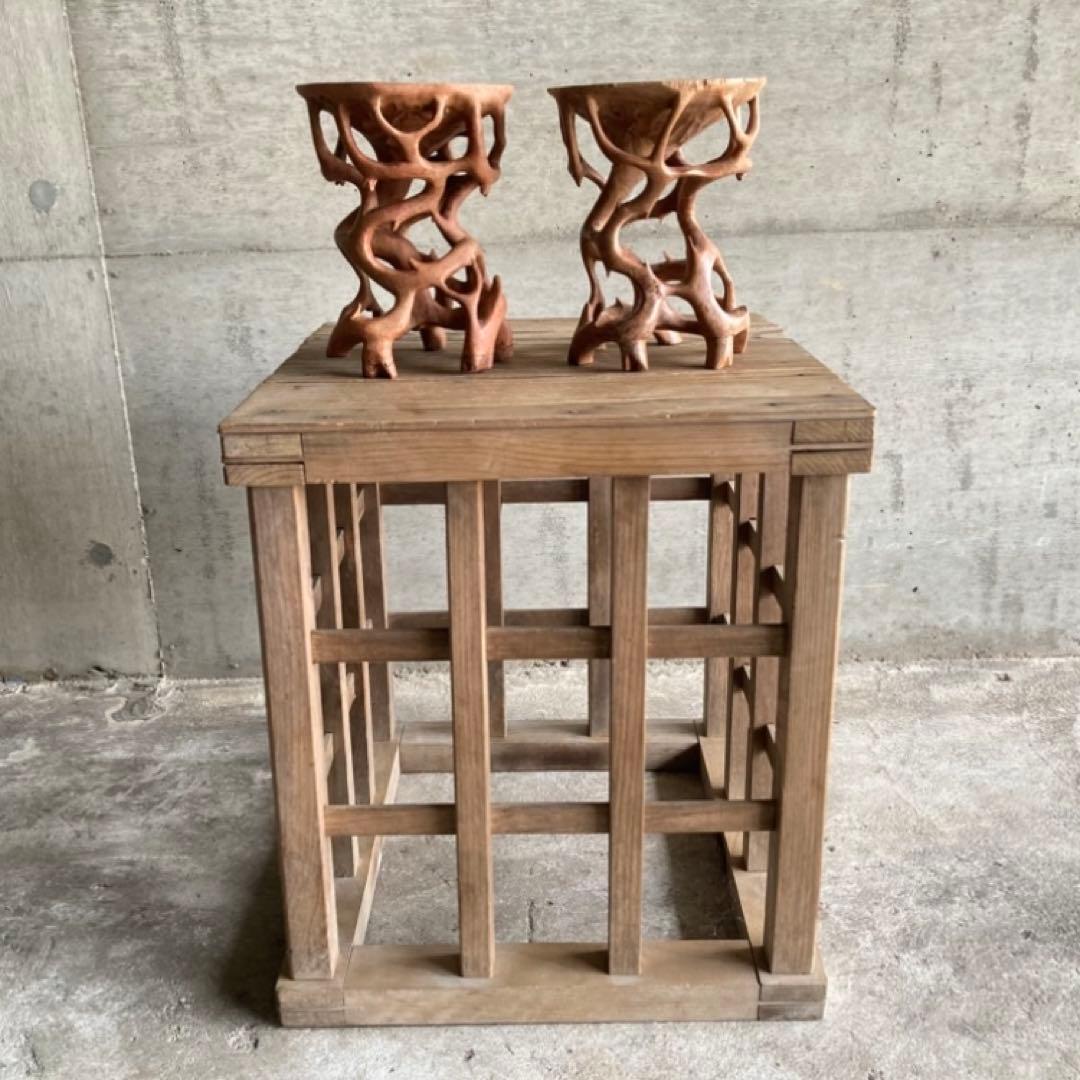 根卓 花台 香炉台 置物台 飾り台 盆栽 台座 オブジェ 木製 2点 レトロ