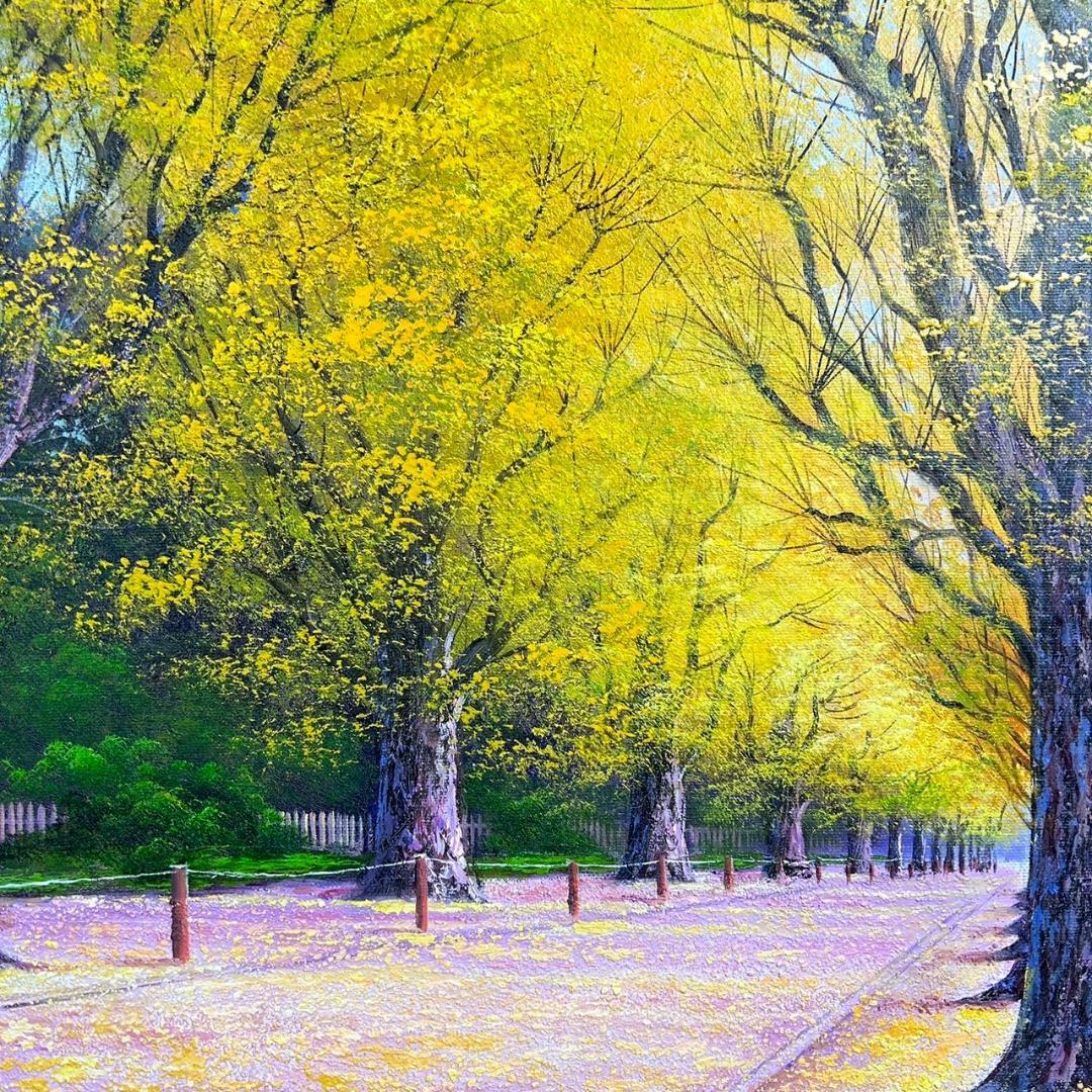 美品 寺井孝「いちょう並木」油彩画 油絵 F10 豪華額装 現美展二科展