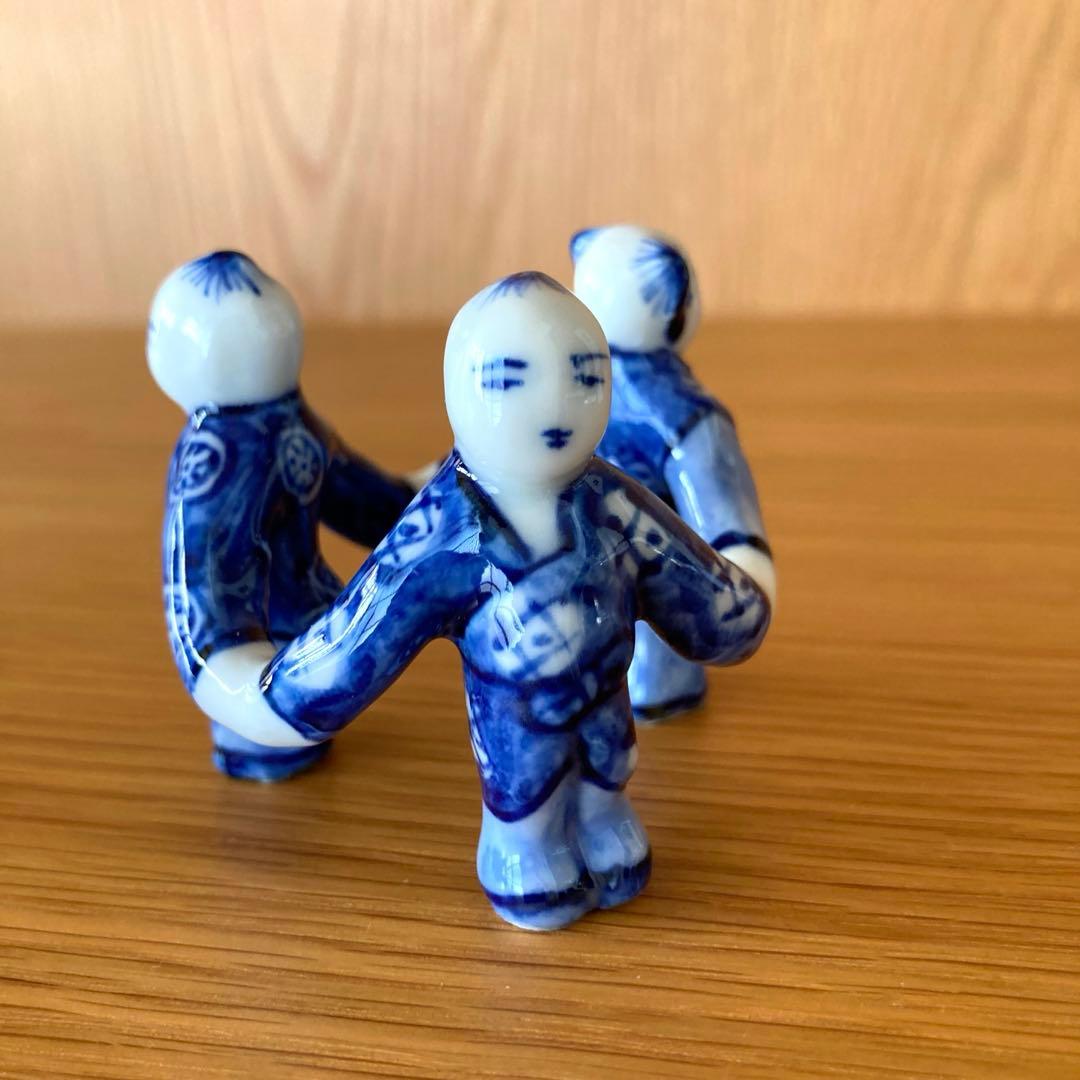 【茶道具】蓋置　染付三つ人形　景雲造　京焼