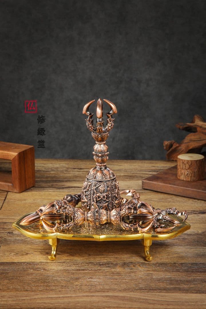 【修縁堂】寺院用仏具赤銅色五大明王金剛盤 金剛五鈷杵 三鈷杵 独鈷杵 五点セット