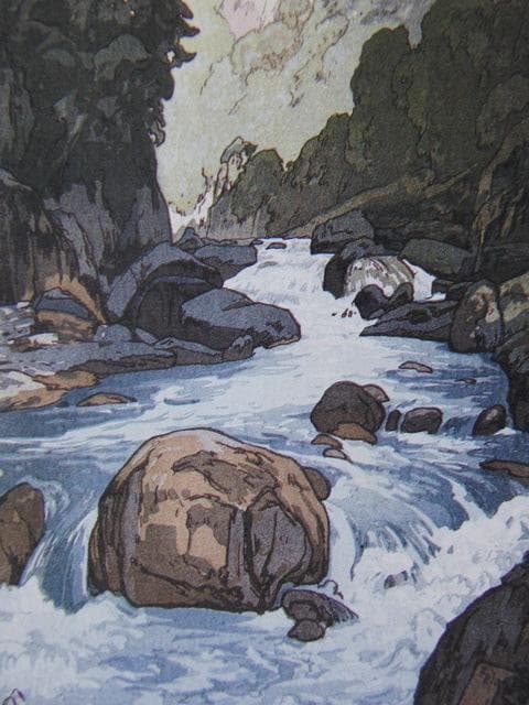 吉田博、黒部川、希少な額装用画集より、新品高級額装付、状態良好