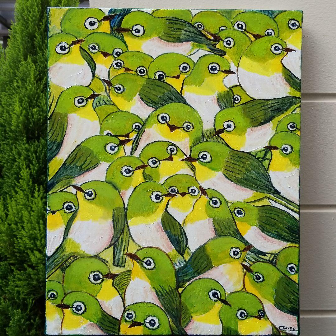 油絵　Alles Gute　仲良く集まるくちばしの小さな鳥たち　2