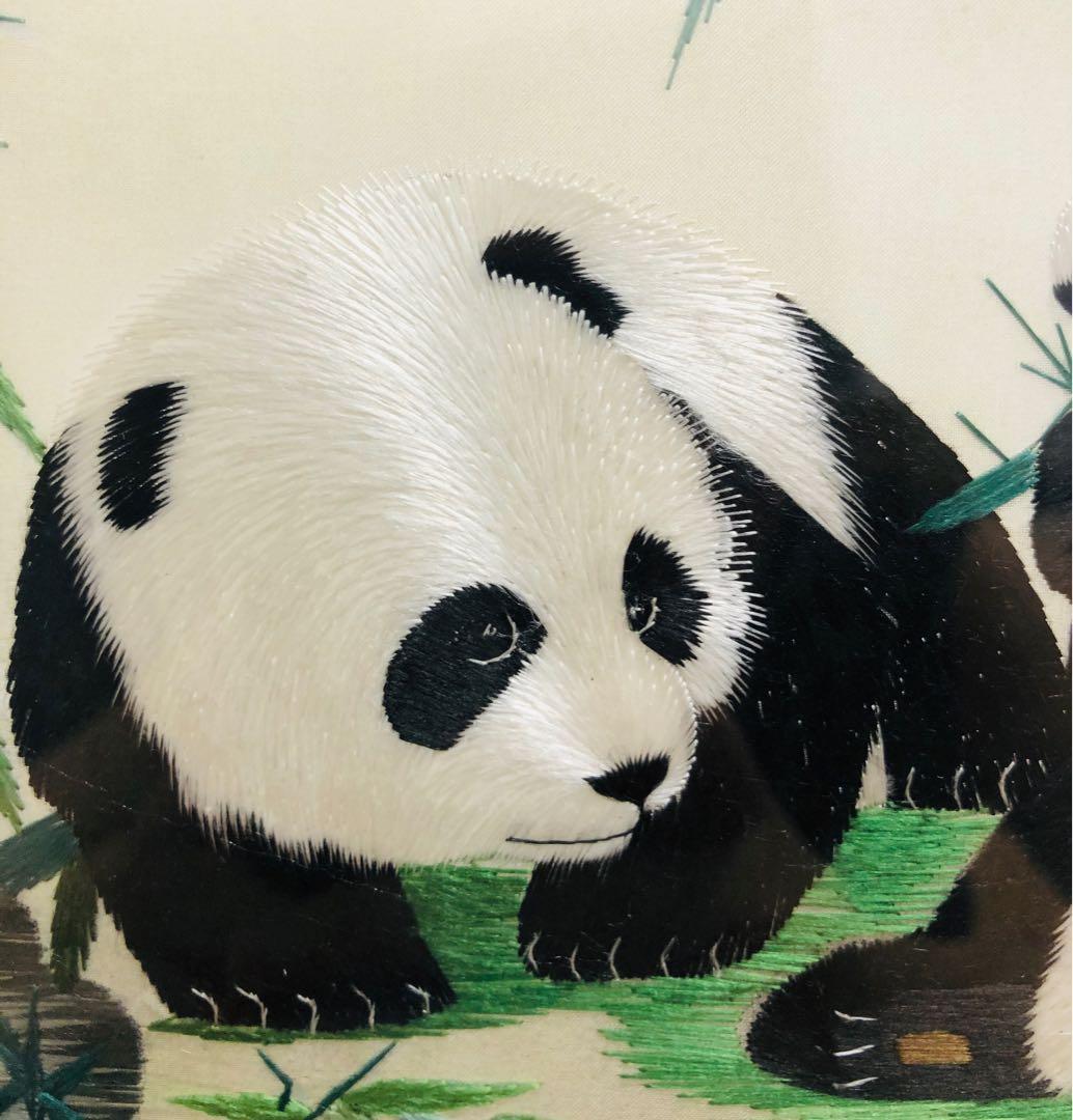 中国美術 熊猫蝙蝠紋樣 細工雙面蜀繍硯屏 置物 インテリア コレクション書道具