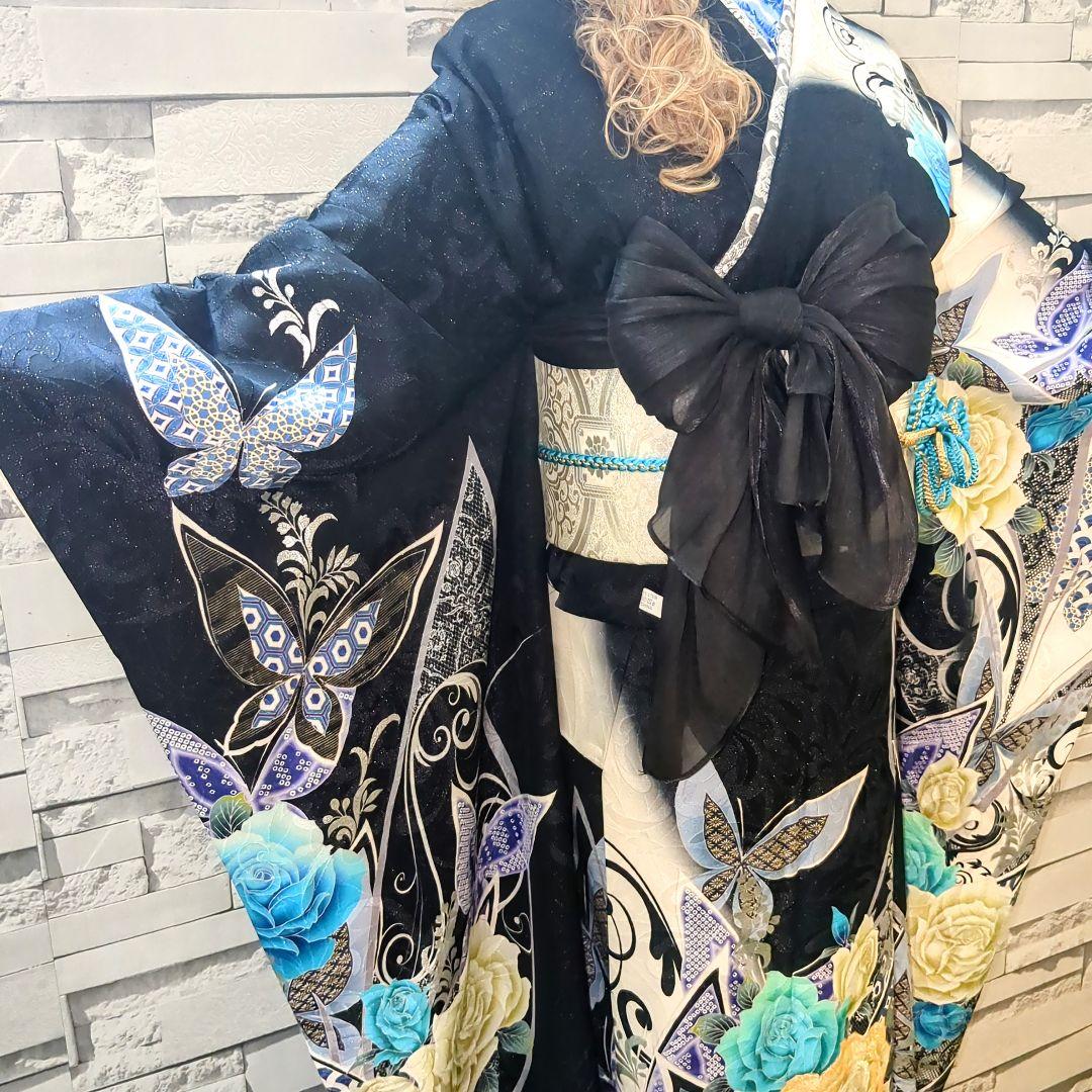 正絹振袖 駒刺繍 薔薇 蝶 銀通し 振袖セット 振袖フルセット 黒青白 62