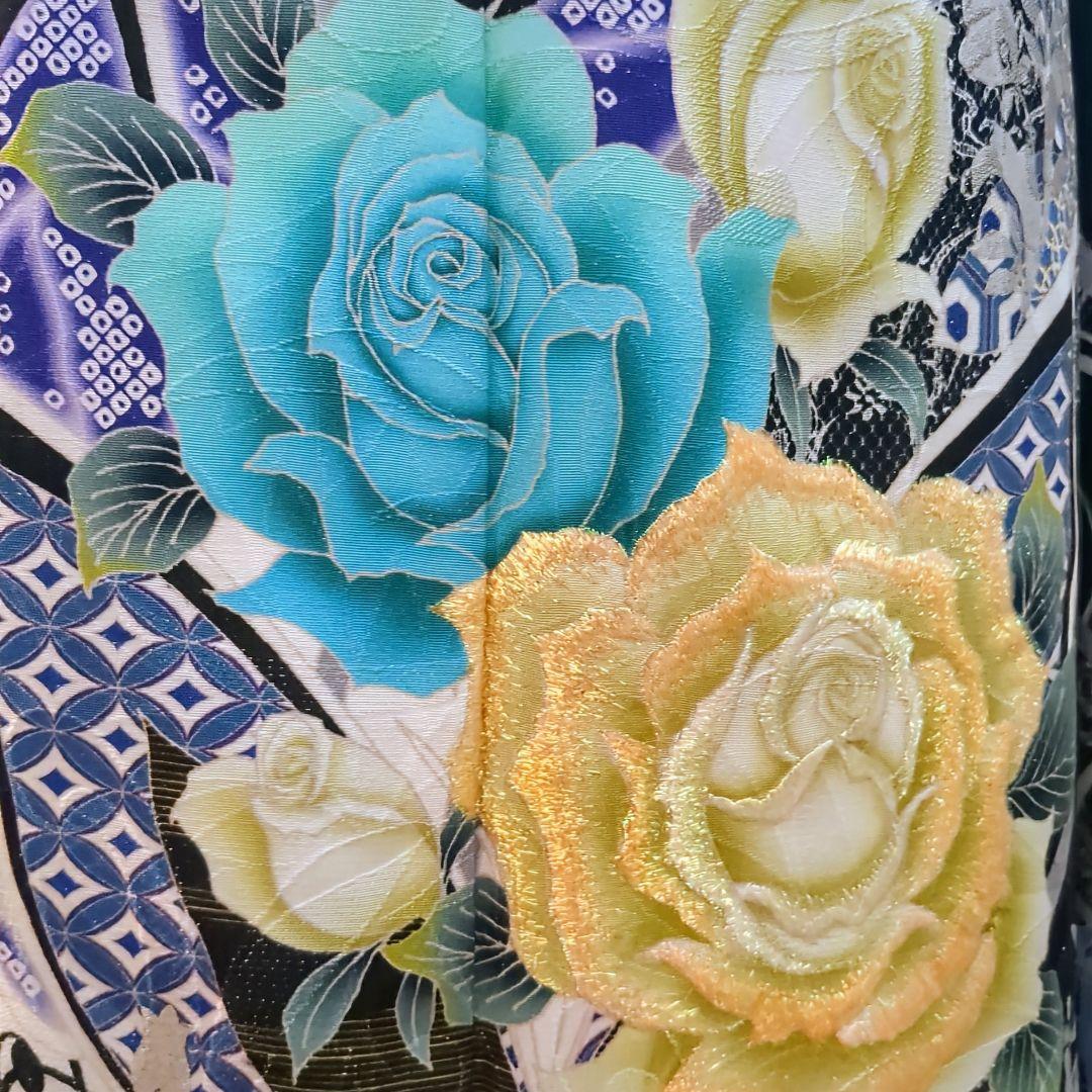 正絹振袖 駒刺繍 薔薇 蝶 銀通し 振袖セット 振袖フルセット 黒青白 62