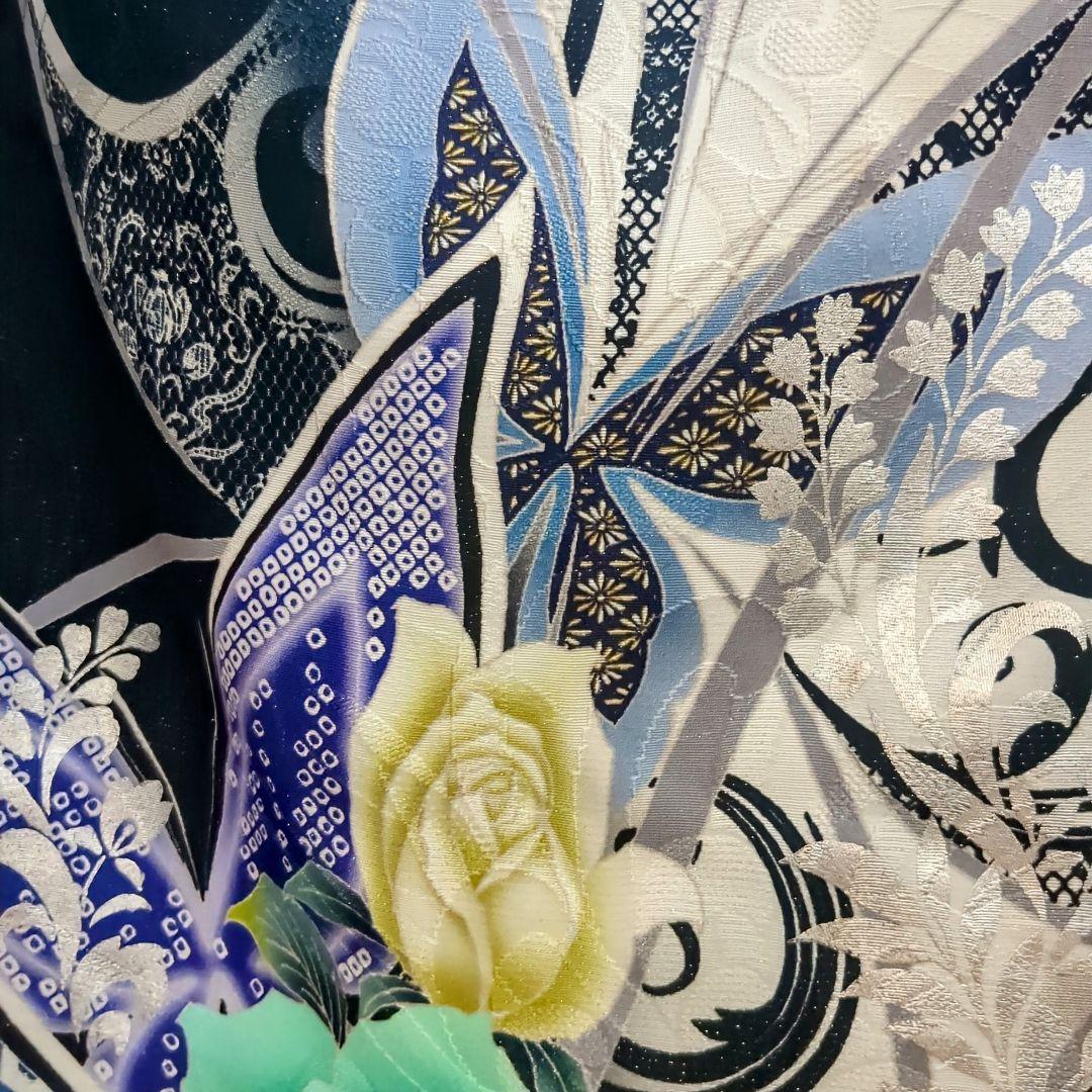 正絹振袖 駒刺繍 薔薇 蝶 銀通し 振袖セット 振袖フルセット 黒青白 62