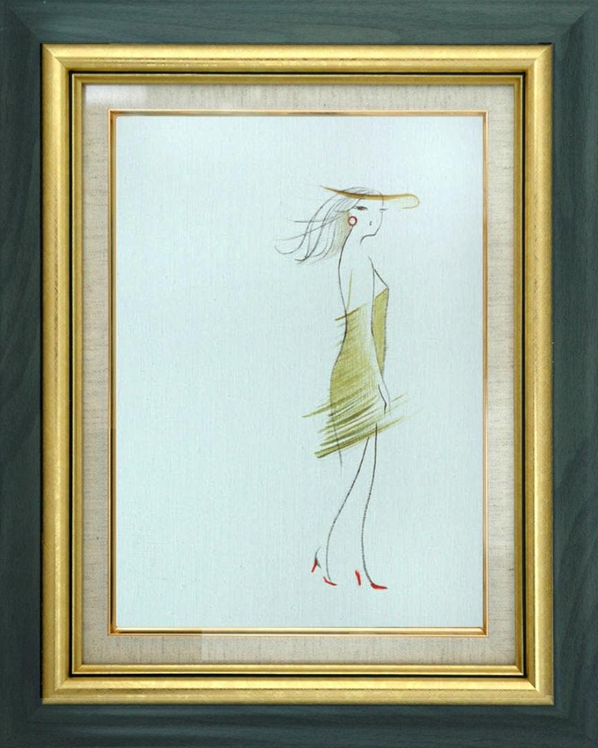 油絵 菅家令子 絵 絵画インテリア額付(青緑＋金色の枠) F4-080314女性