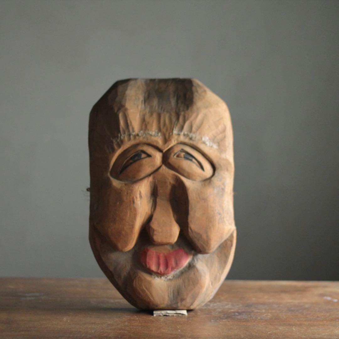 古い 木彫 面 おきな 民芸 古道具 アンティーク オブジェ