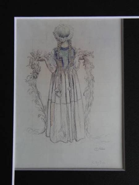 カール・ラーション、花輪を捧げる少女、希少画集画、新品額装付