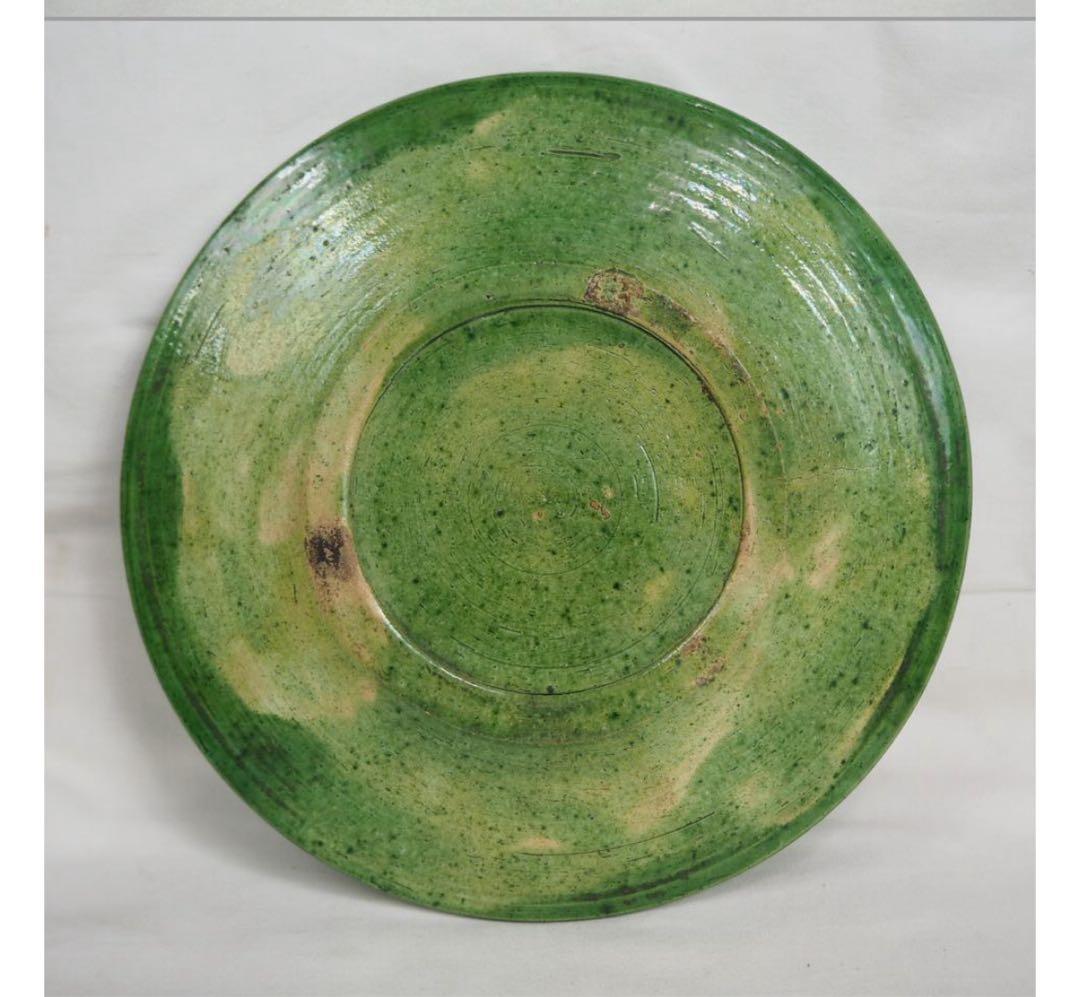 送料無料　江戸時代 源内焼　緑釉葵紋皿　径21cm