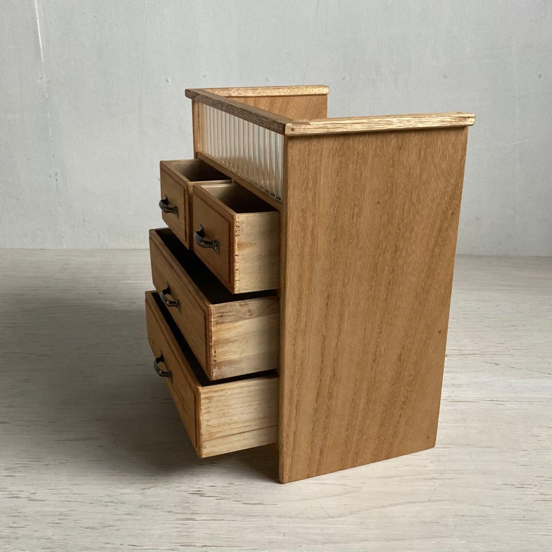 古い木製 4杯 小引き出し 小物入れ モールガラス