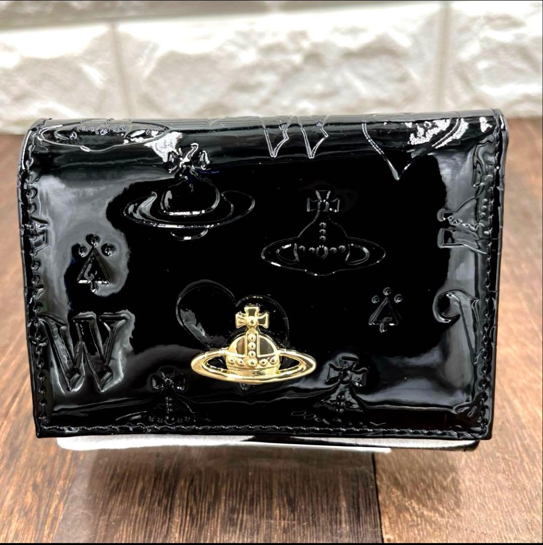 新品未使用　ヴィヴィアンウエストウッド 三つ折財布　黒　エナメル　がま口