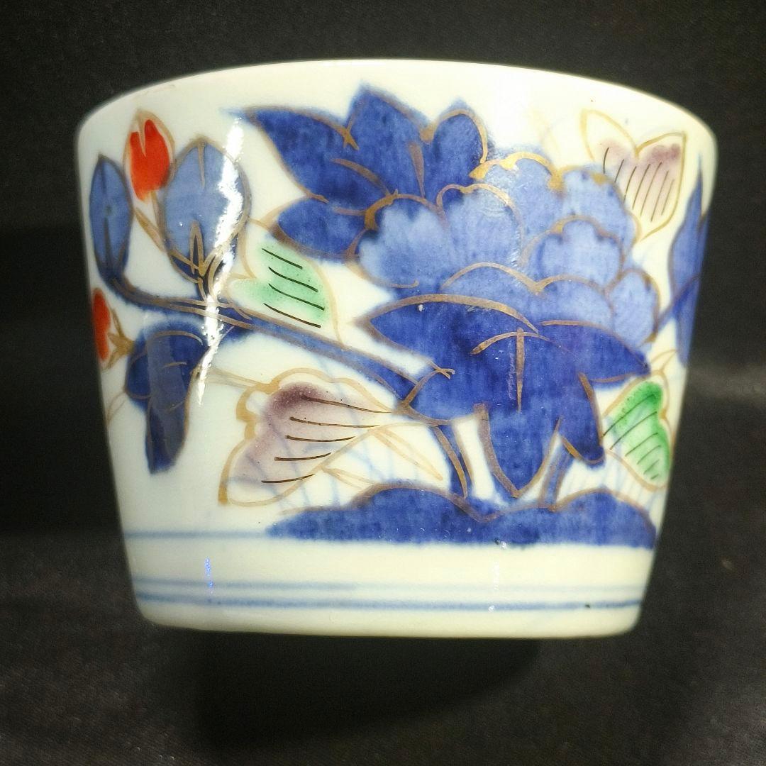 古伊万里 色絵金彩そば猪口 草花文 経菱 四方襷 花蝶文 手描き 蒐集家放出骨董
