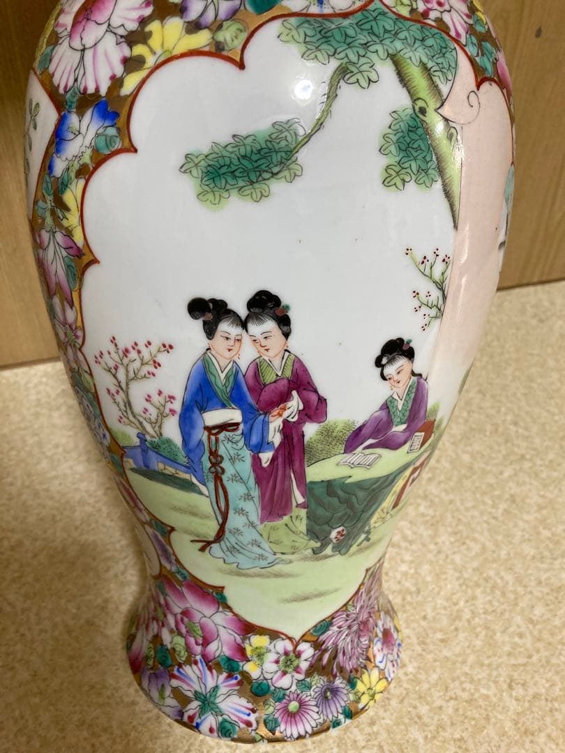 中国骨董／人物花鳥図／￼絵金百花瓶／亁隆年製铭