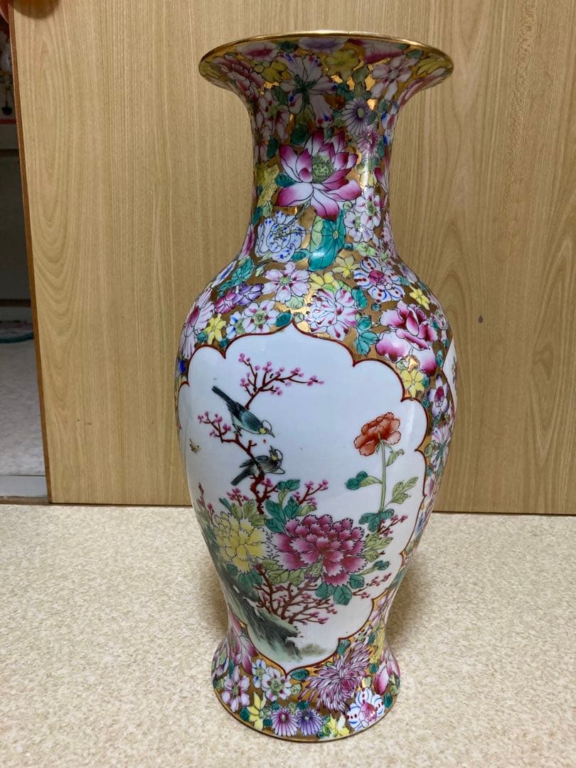 中国骨董／人物花鳥図／￼絵金百花瓶／亁隆年製铭