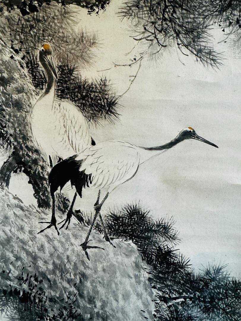 時代年代物 掛軸 水墨画 在銘 松に双鶴 日本画