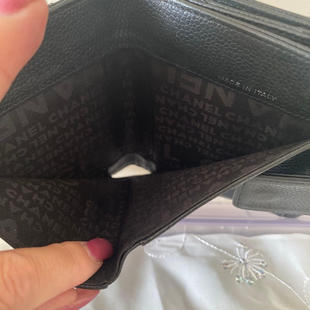 シャネル キャビアスキン チョコバー 二つ折り 財布 黒 Wホック EM201