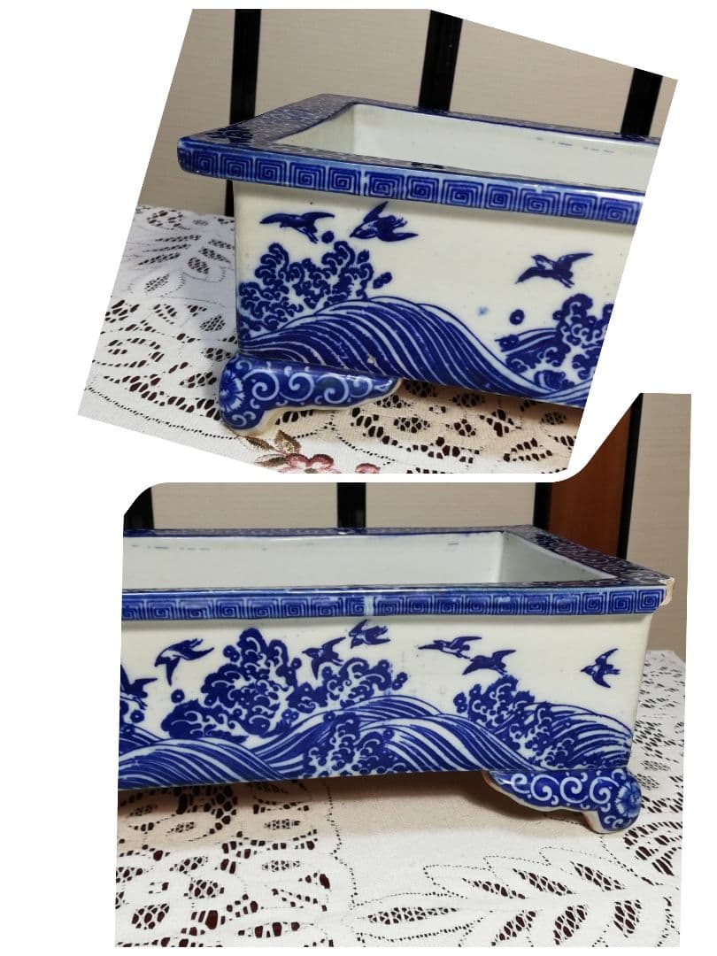 伊万里焼 染付波千鳥文足付水盤 金魚鉢 盆栽鉢 植木鉢 花器 有田焼 骨董 水槽