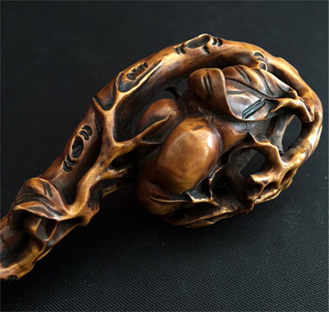 中国美術 唐 古黄楊木 細密彫り 如意 法具