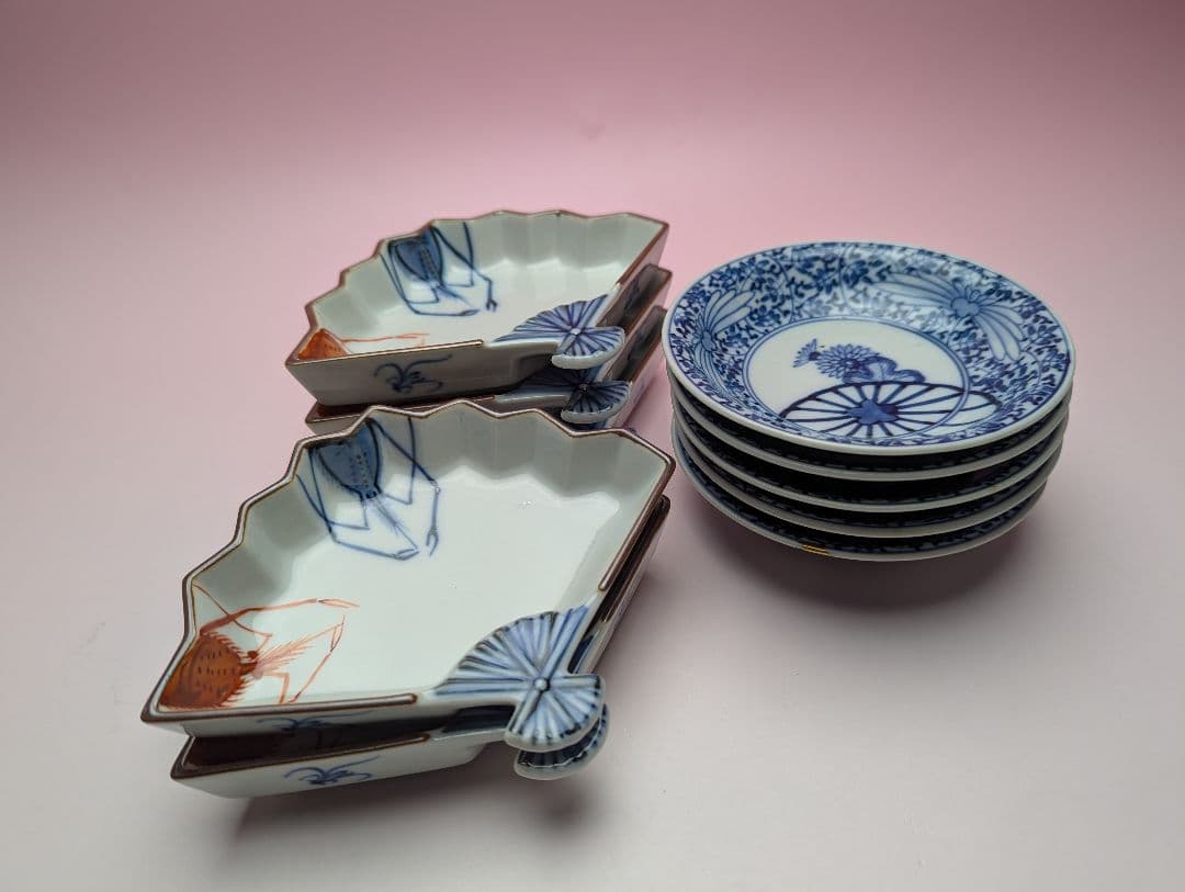 おまとめ　九谷 上出長左衛門 扇形 海老紋 向付 ５客 TN 103 70816