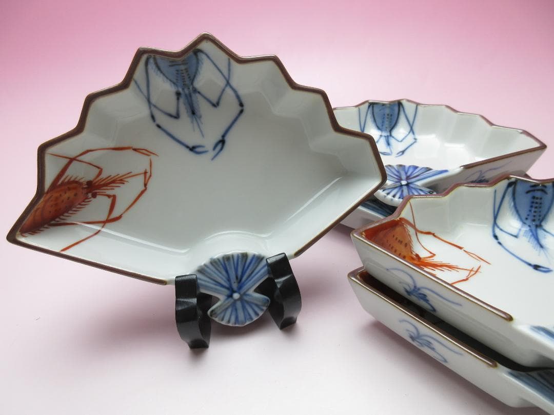 おまとめ　九谷 上出長左衛門 扇形 海老紋 向付 ５客 TN 103 70816