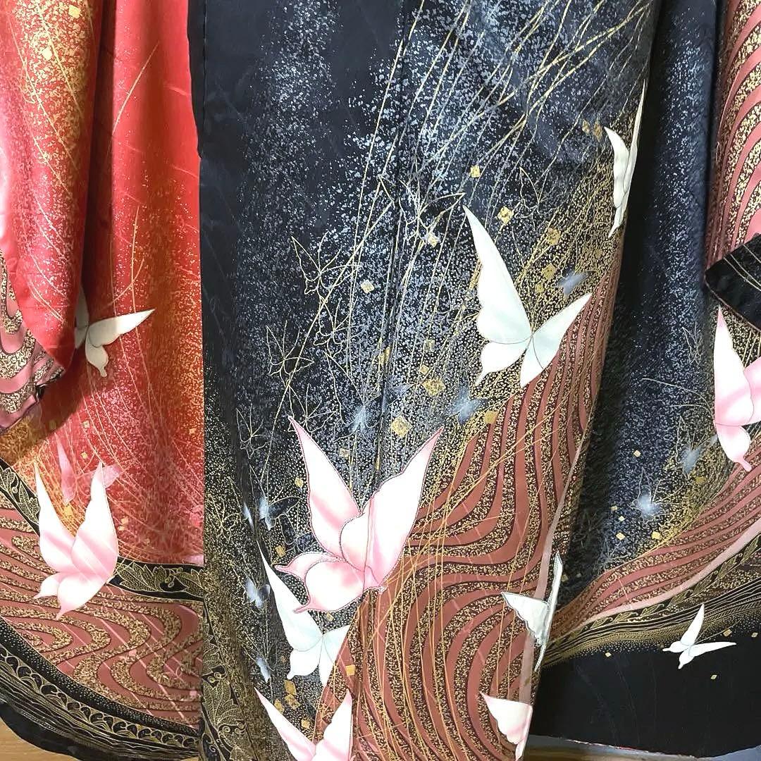 振袖フルセット　金彩加工友禅　黒と蝶々とラメでギャル完成　成人式振袖　振袖