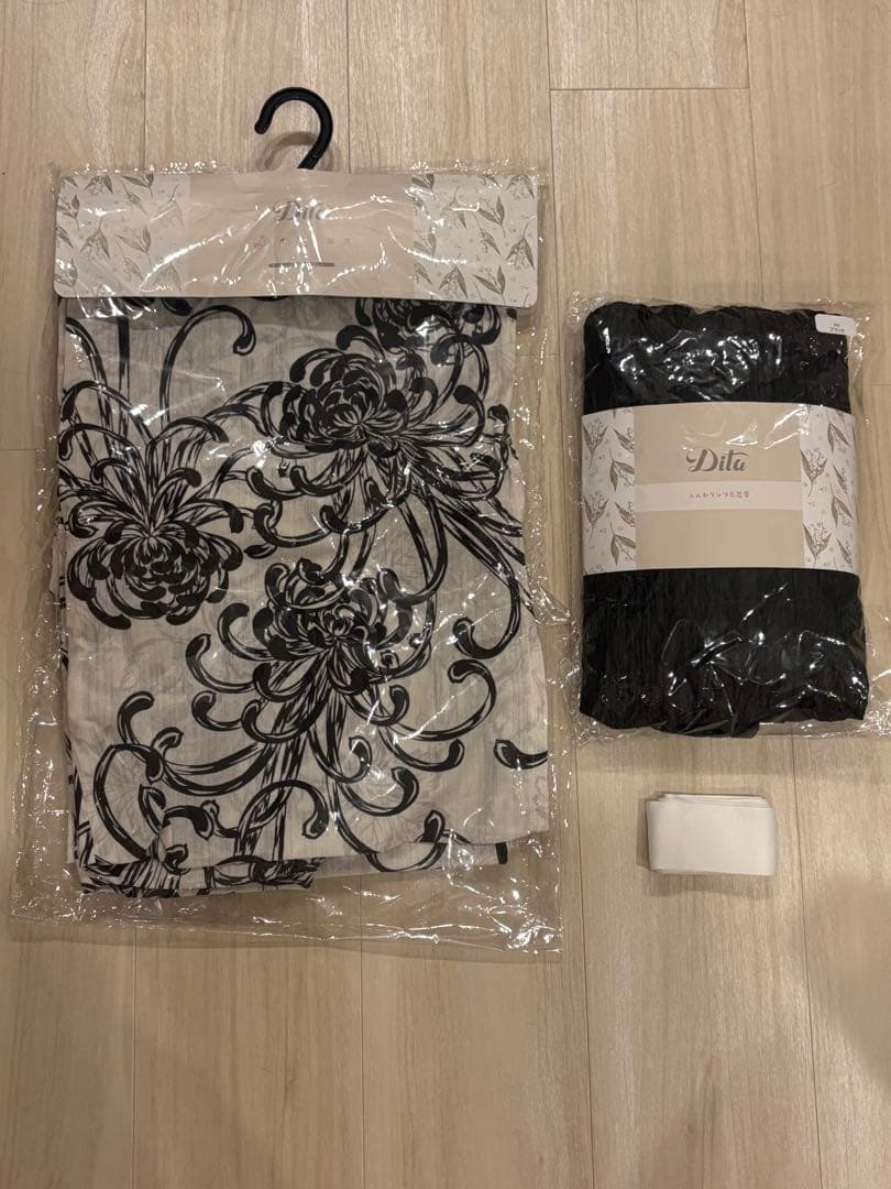 白黒花柄 浴衣・帯3点セット