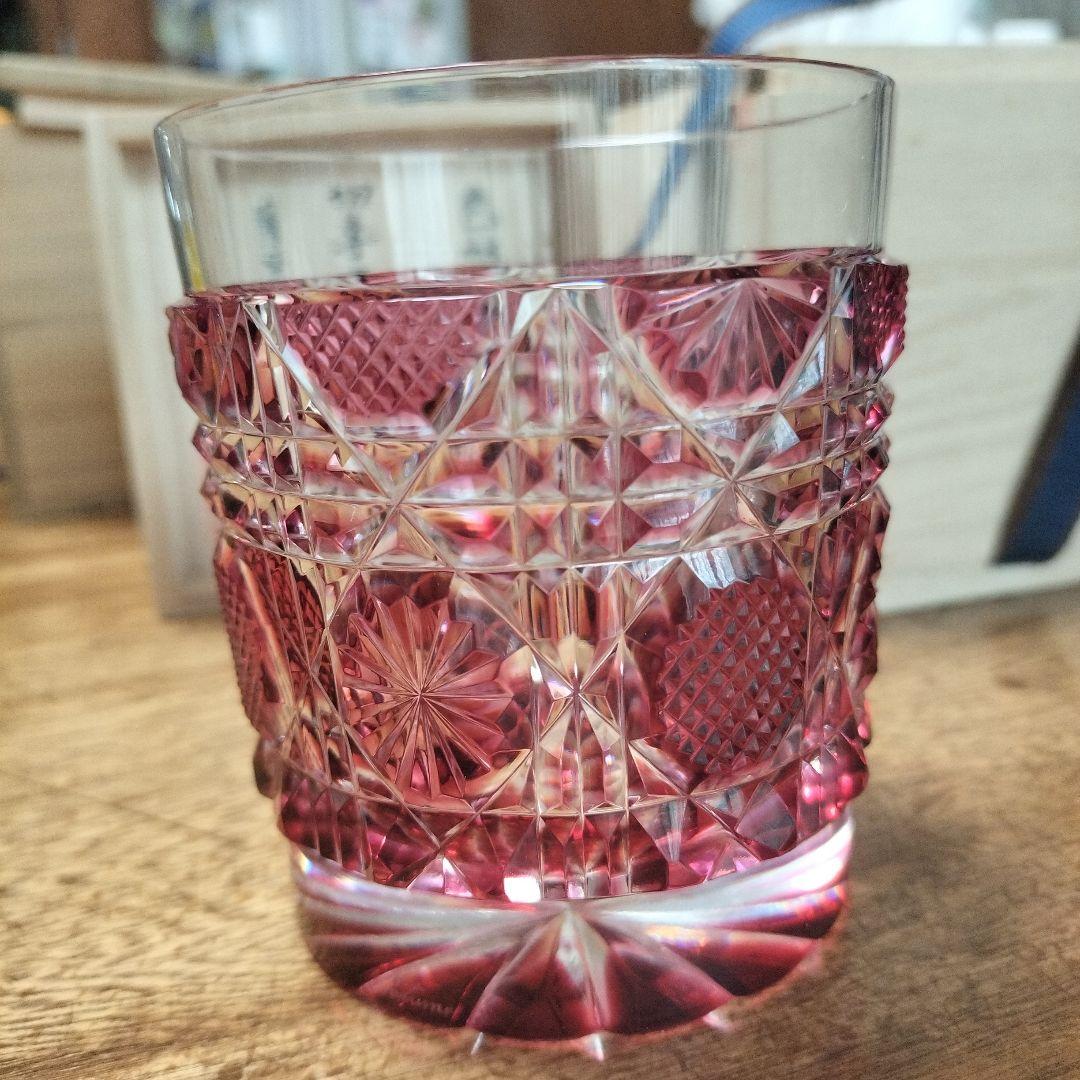 中古　タンブラー　コップ　 薩摩切子 金赤 　薩摩びーどろ工芸