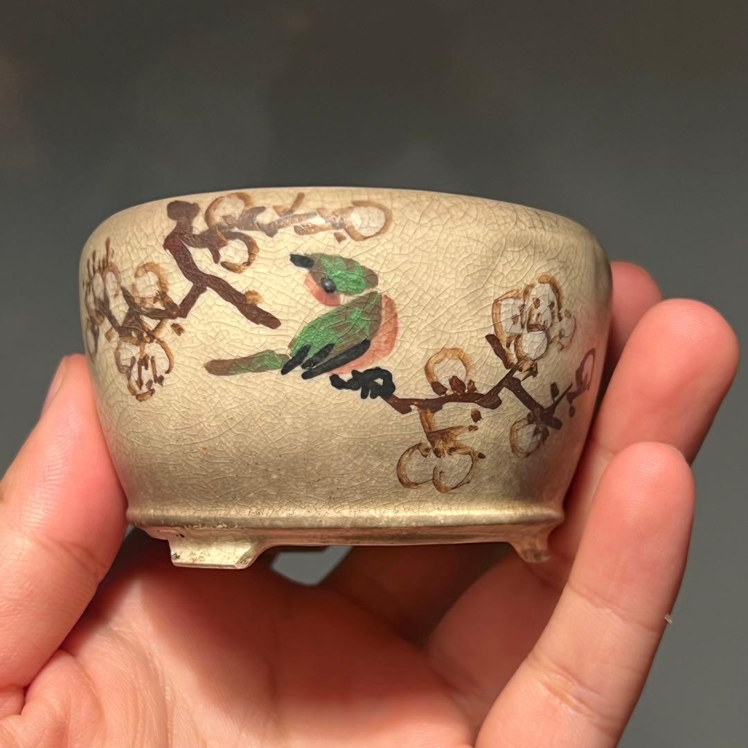 684.是好 五彩花鳥丸鉢 盆栽鉢 植木鉢 7.7*4.7cm