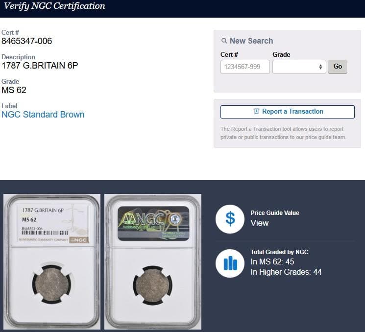 【NGC MS62】1787年 イギリス ジョージ3世 6ペンス 銀貨 単年発行