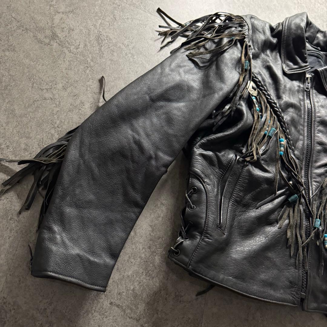 【希少】ライダースジャケット　L フリンジ　ギミック　ペイント　コンチョ　レザー